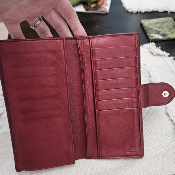 Auth GUCCI Long Wallet Lovely Heart Logo GG Patterned Issima Leather Bordeaux - Picture 3 of 11